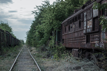 Fototapeta na wymiar railroad in the forest and old abandoned trains from rusty cars