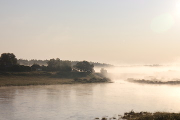 riverbank on a foggy summer morning
