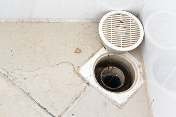 Black mold growing on water drain vent in bathroom.