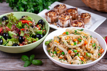 Dinner: salad, fried squid with rice and dessert