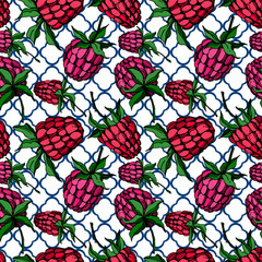 Vector Raspberry healthy food isolated. Black and white engraved ink art. Seamless background pattern.