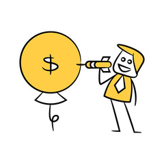 businessman destroys dollar bubble balloon, yellow stick figure 
