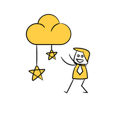 businessman reaching the stars yellow stick figure design