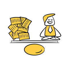 businessman meditating on balance with pile of papers yellow stick figure design