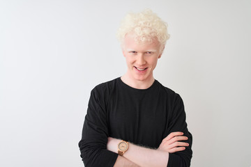 Young albino blond man wearing black t-shirt standing over isolated white background happy face smiling with crossed arms looking at the camera. Positive person. - obrazy, fototapety, plakaty