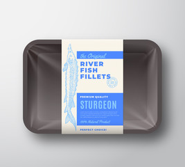 The Original Fish Fillets Abstract Vector Packaging Design Label on Plastic Tray with Cellophane Cover. Modern Typography and Hand Drawn Sturgeon Silhouette Background Layout.