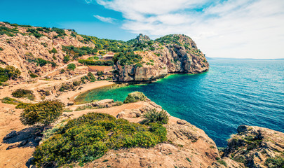 Splendid spring view of West Court of Heraion of Perachora, Limni Vouliagmenis location. Bright morning seascape of Aegean sea, Greece, Europe. Traveling concept background.