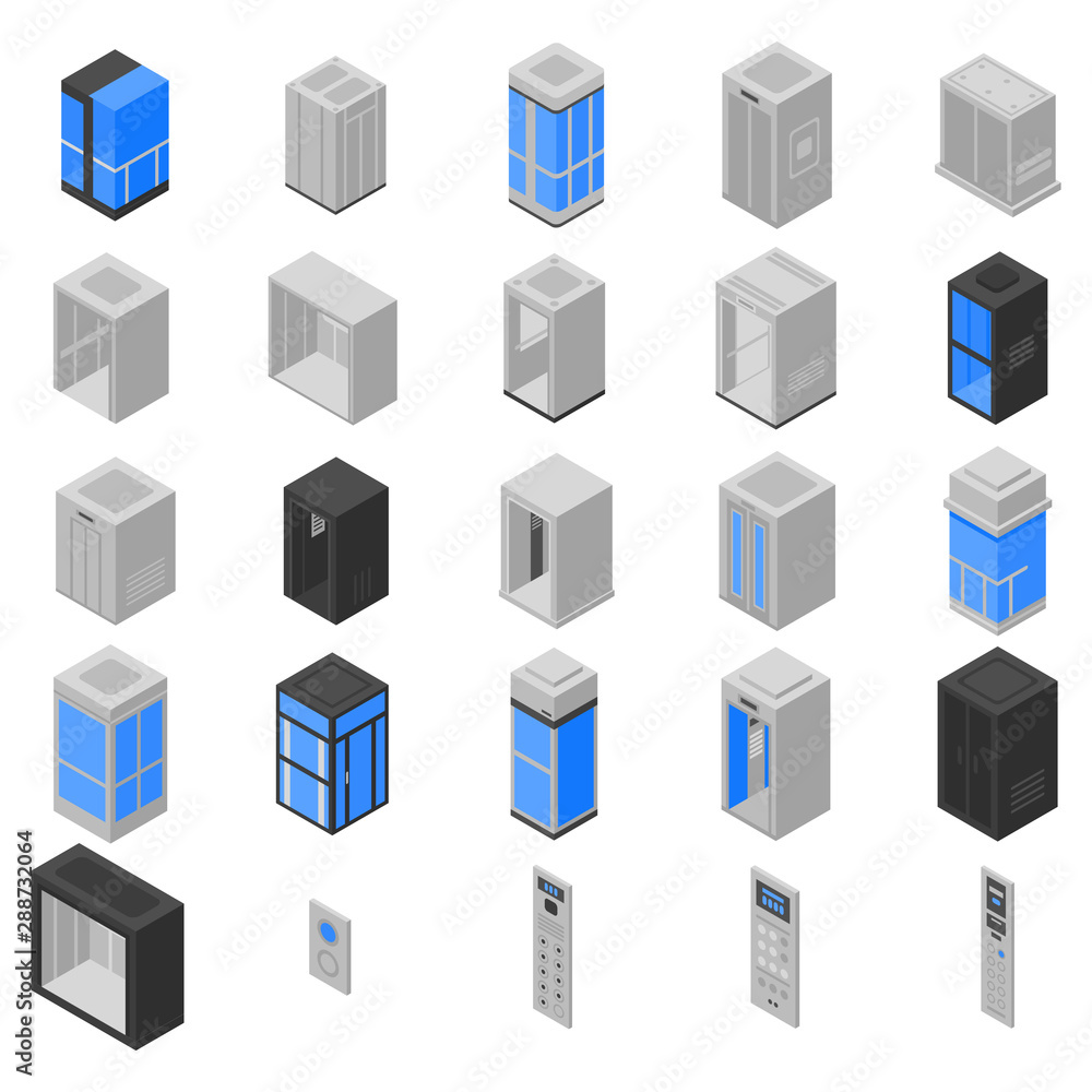 Poster elevator icons set. isometric set of elevator vector icons for web design isolated on white backgrou