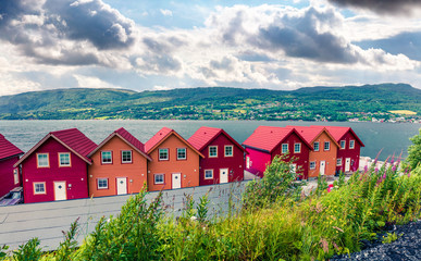 Fototapeta na wymiar Picturesque summer view of typical Norwegian village on the shore of fjord. Traveling concept background.