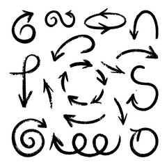 Vector set of grunge arrows in hand drawn style isolated on white background. Abstract black grunge arrows. Collection of doodle many form decor elements for design, concept, template, application.