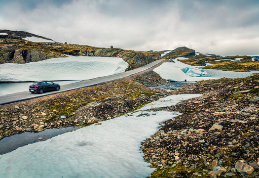 Driving on the famous Aurlandsvegen - Mountain road (Bjorgavegen), Aurland in Sogn og Fjordane county, Norway. Beautiful summer landscape in the North. Traveling concept background.