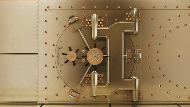 Beautiful Big Round Vault Door Opening to the Golden Bullions Reserve. Abstract 3d Animation of Bank Gold Storage Room. Banking and Financial Concept. 4k Ultra HD 3840x2160