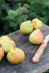 pears on wooden table