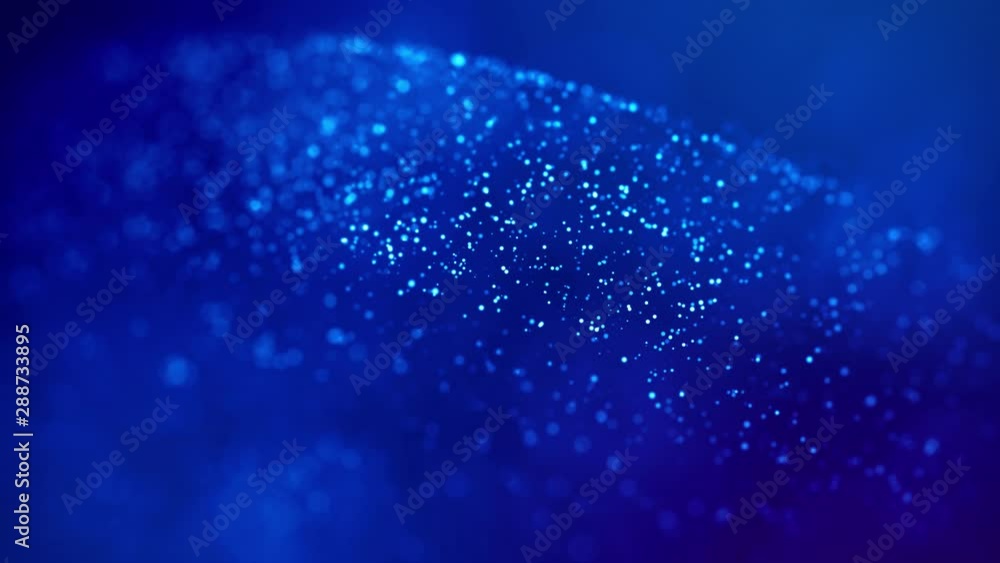 Poster magic blue glowing particles flow in viscous liquid and bright glisten. science fiction. 4k 3d sci-f