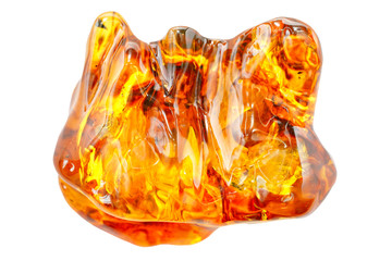 Bright transparent piece of amber on a white background. Sun stone with iridescent color. A...