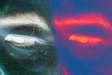 red blue white grey glow neon negative effect with face of human eyes and eyebrow in the dark black...