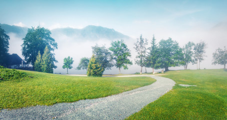 Captivating summer scene of Triglav national park, Bohinj lake location. Misty morning panorama of Julian Alps, Slovenia, Europe. Instagram filter toned. Orton Effect.