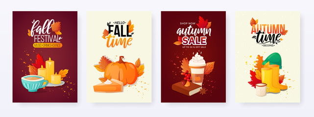 Fototapeta na wymiar Set of Autumn Fall Season Sale Ad Posters.
