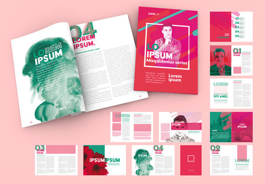 Magazine Layout with Green and Pink Elements