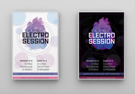 Techno Poster Layout with Purple Accents and Abstract Elements