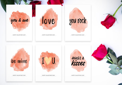 Valentine's Day Card Layout Set with Watercolor Elements