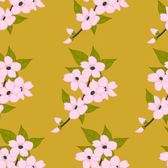 Beautiful pink flowers on a mustard background, in a seamless pattern design