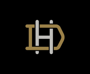 Initial letter D and H, HD, DH, overlapping interlock logo, monogram line art vintage style on black background