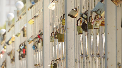 love locks on the bridge in Ternopil. Ukraine.