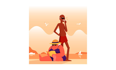 Senior couple on beach vector illustration. Flat characters - old man and woman - relaxing on beach. Summer vacations, Indian summer, happy older age concept.