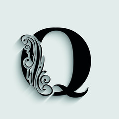 letter Q. Black flower alphabet.  Beautiful capital letters.
