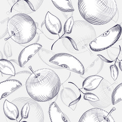 Apples seamless pattern. Apple tree leaf on gray background.