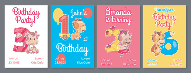 Kids Birthday party invitation card vector templates set. Child anniversary poster design with cartoon giraffe. Colorful baby event banner print layout. Cute bday celebration flyer with kawaii animals