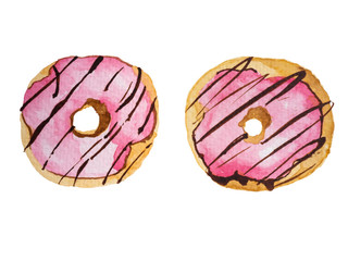 Strawberry topping on donuts. Illustration watercolor paint on white isolate background.