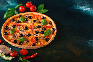 pizza, mushrooms, olives, chicken, tomato sauce, cheese, (ingredients). hot pizza. Top view. copy space