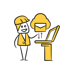 engineer working on laptop and sending email yellow stick figure theme