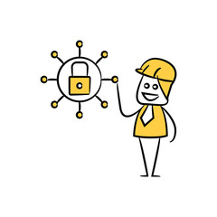 engineer and key for network security concept yellow stick figure theme