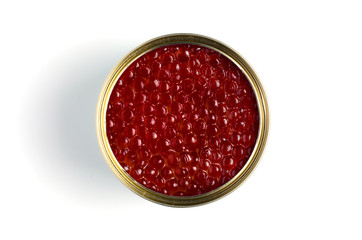 Red caviar of salmon fish. Metal can. White background