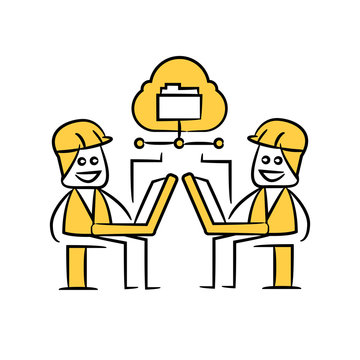 engineer working on laptop and cloud collaboration yellow stick figure theme