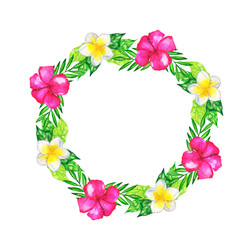 Summer tropical frame with flowers and leaves isolated on white background. Hand drawn watercolor illustration.