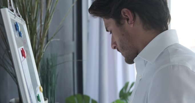 Businessman Wiping With Duster And Writing On Office Whiteboard