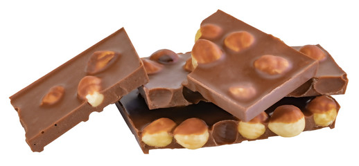 chocolate pieces with nuts isolated on white background