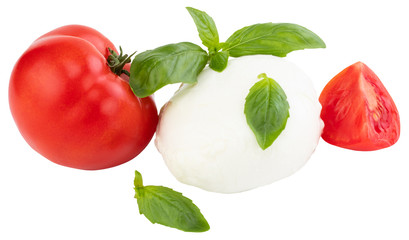 Mozzarella, tomatoes, and basil on white background with clipping path