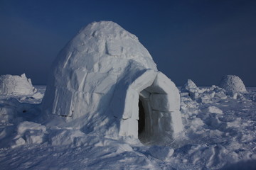 Winter landscape with ice igloo on white snow background.