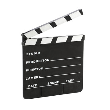 Classic hollywood chalk clapperboard angled isolated on a white background with clipping path