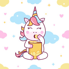 Cute Unicorn eating potato chips vector seamless pattern illustration perfect for kids fabric and greeting cards.