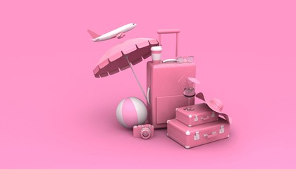 Traveling 3d rendering background. Trip concept. Tourist luggage. Traveler bag. Modern pastel color. Plain fly. Vocation. Summer holiday. Voyage. Adventure.