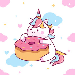 Cute Unicorn eating donuts vector seamless pattern illustration perfect for kids fabric and greeting cards.