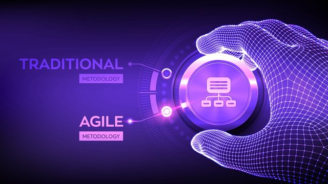 Agile Software Development Methodology Concept. Wireframe Hand Turning A Knob And Selecting Agile Mode. Digital Technology, Big Data Concept. Flexible Developing Process. Vector Illustration.