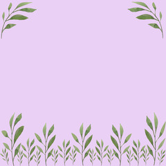 Fototapeta na wymiar Frame with delicate green leaves on a light purple background for invitations