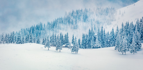 Snowy winter day in the abandoned mountain village. Frosty outdoor scene of Carpathian mountains, Happy New Year celebration concept. Artistic style post processed photo. Orton Effect.